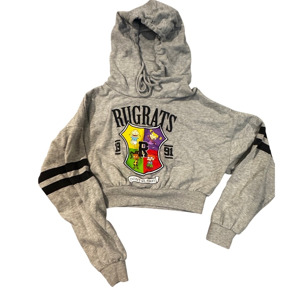 Nickelodeon Rugrats Graphic Cropped Hoodie Gray S 90s Cartoon Sweatshirt NWOT
